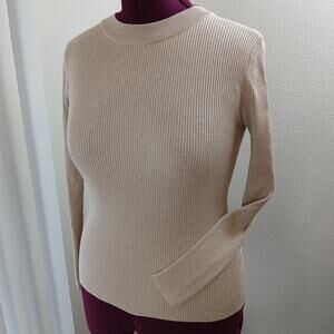 Cielo Beige Ribbed Knit Sweater M long sleeve mock neck pullover slim bodycon